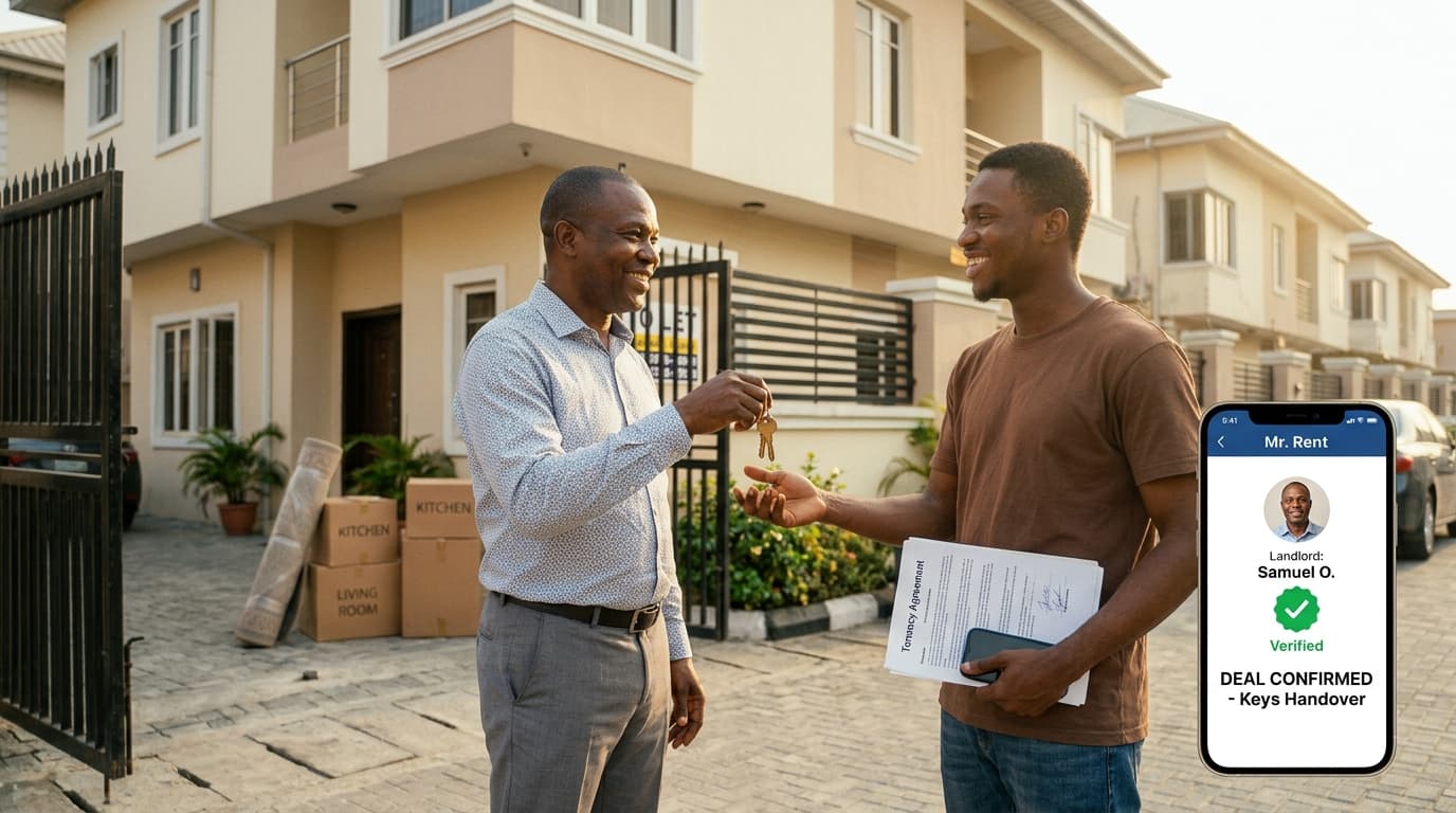 Tenant receiving keys from a verified landlord at his new home