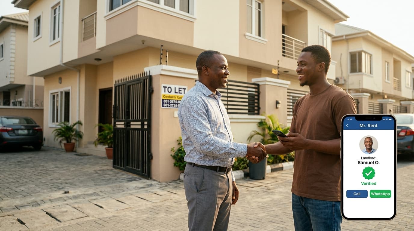 Verified landlord meeting a tenant, with the Mr. Rent verified badge on the phone
